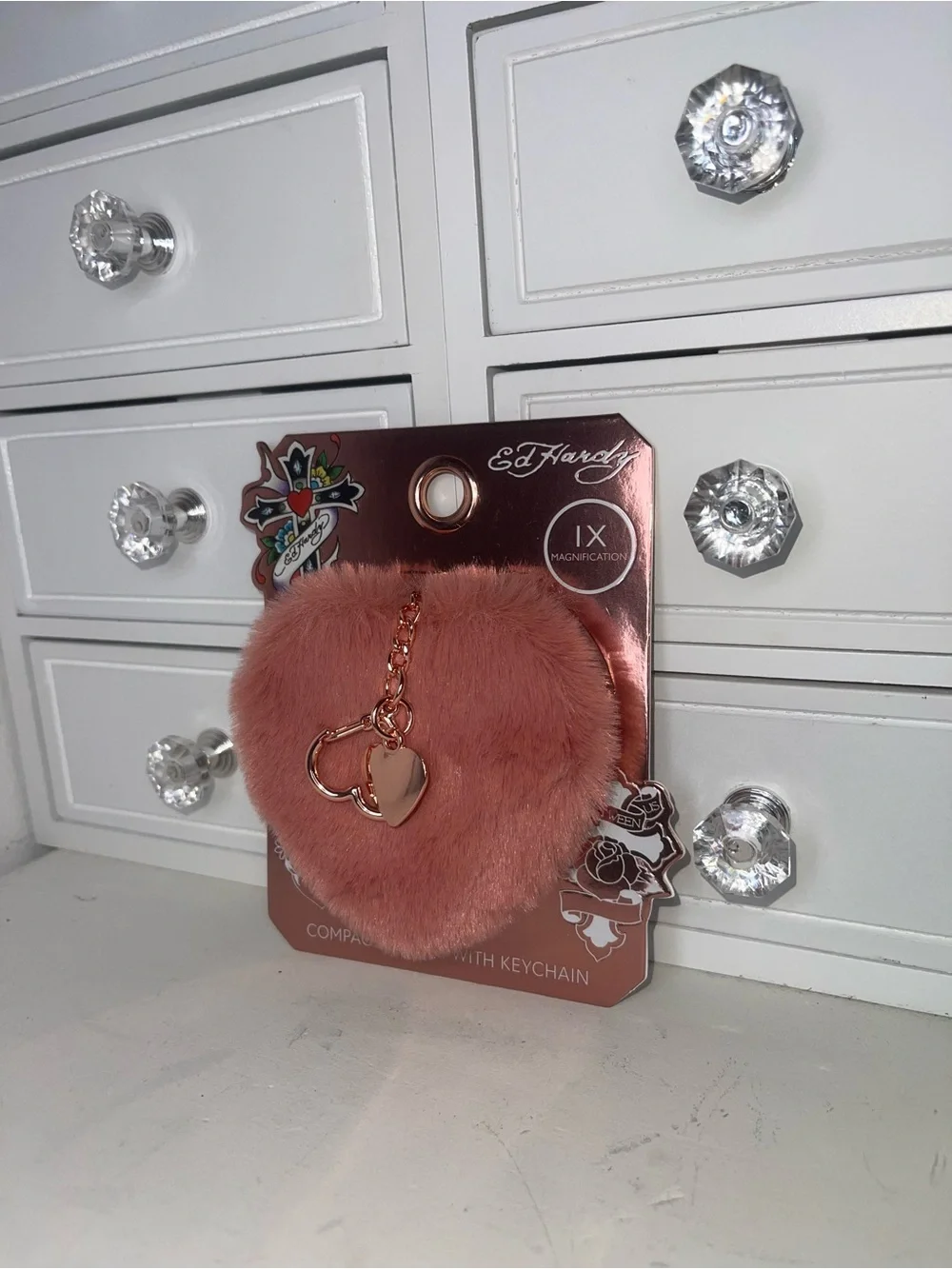 NWT Ed Hardy Women's Rose Gold Tweezers Set & Pink Heart Mirror Keychain Duo